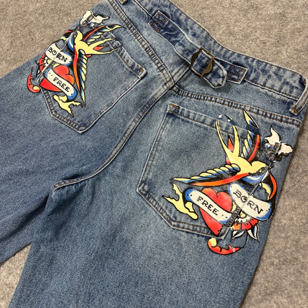 Ed Hardy Jeans Women 28 Blue Born Free Wide Leg Tattoo Y2K Skater (FLAW)